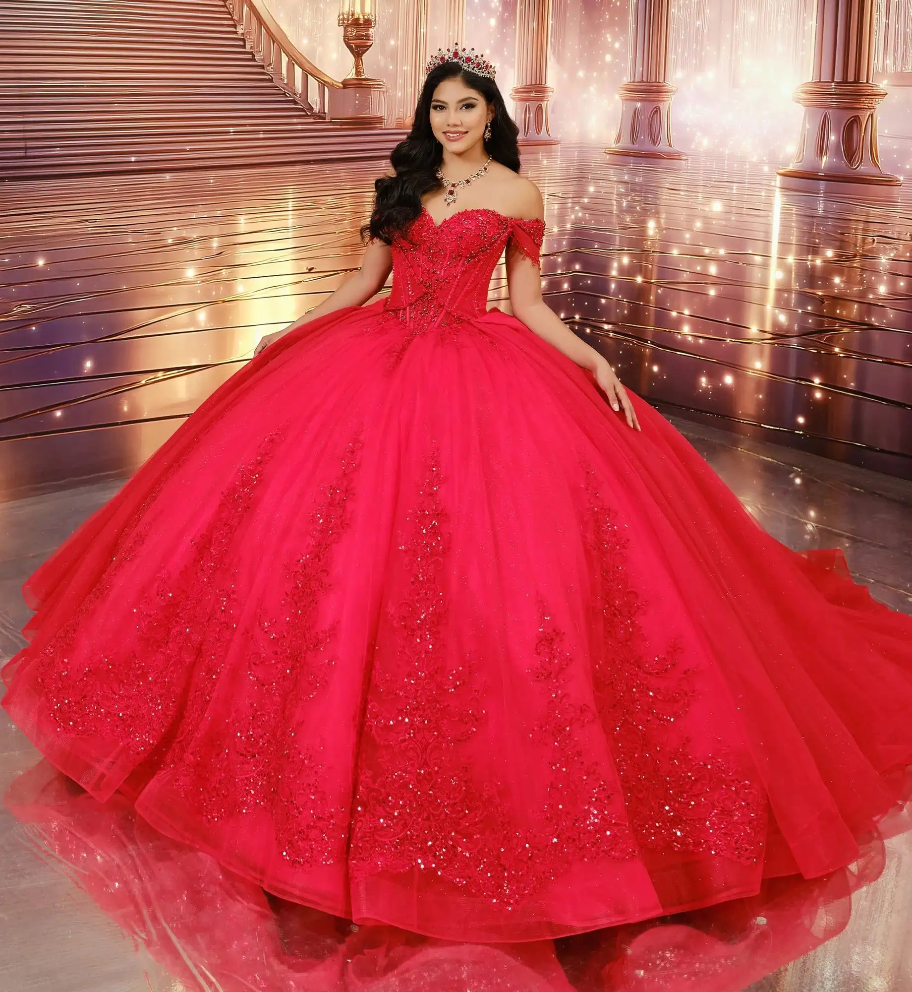 Vestido de gala rojo con corsé de pedrería, escote fuera de hombro y falda de tul brillante, Princesa by Ariana Vara