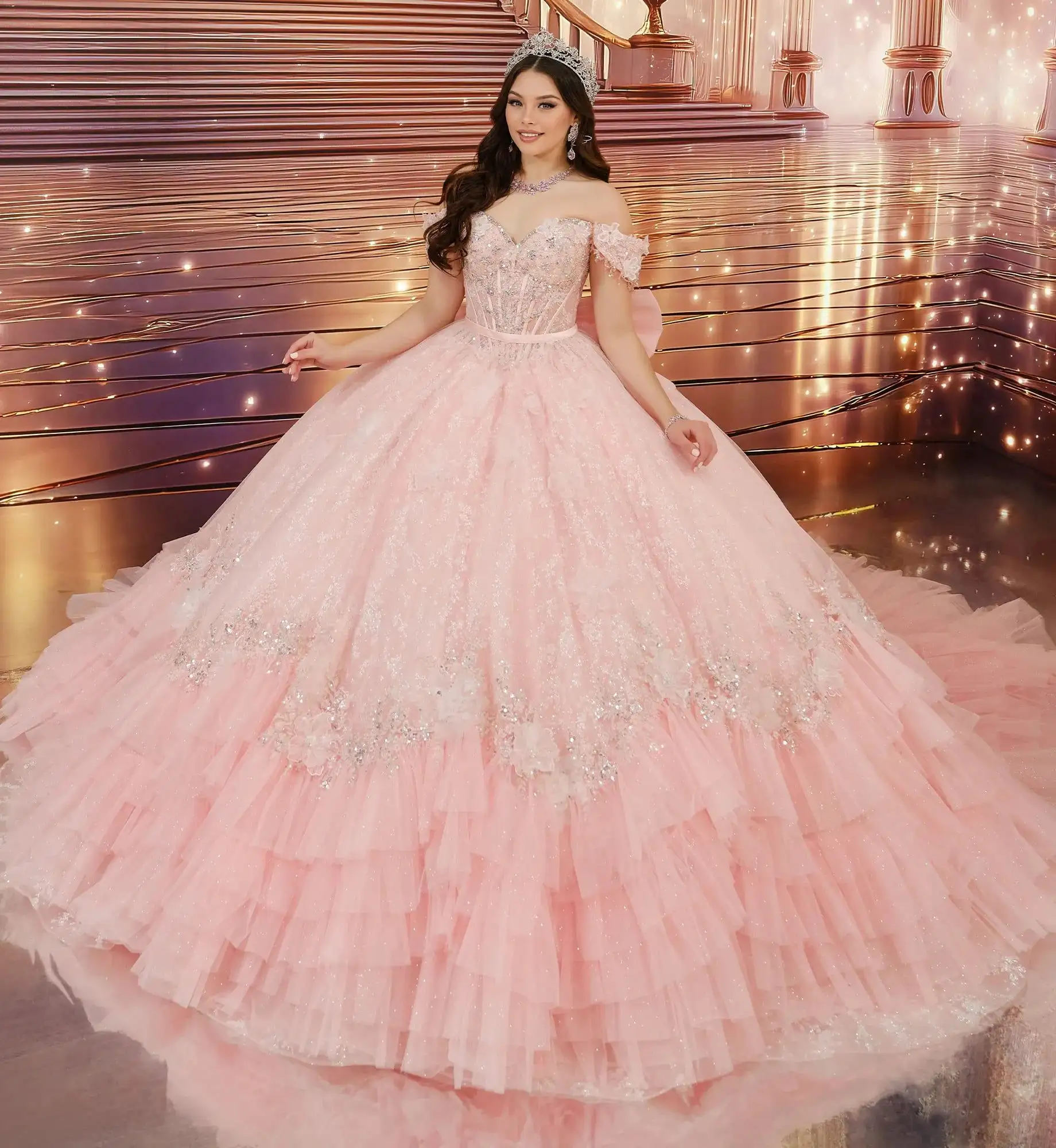 Vestido de gala rosa pálido con encaje floral 3D y corsé, Princesa by Ariana Vara