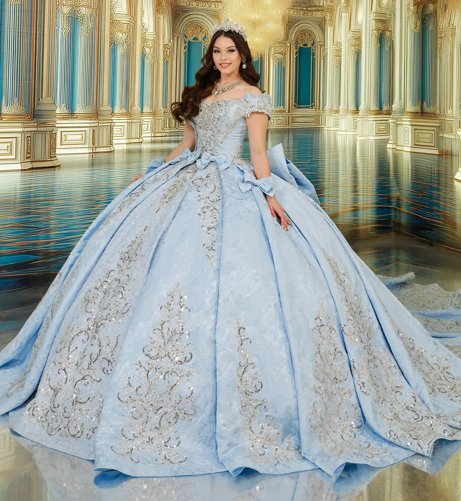 Vestido de gala azul cielo con bordado de lentejuelas plateadas y moños de satín, Princesa by Ariana Vara