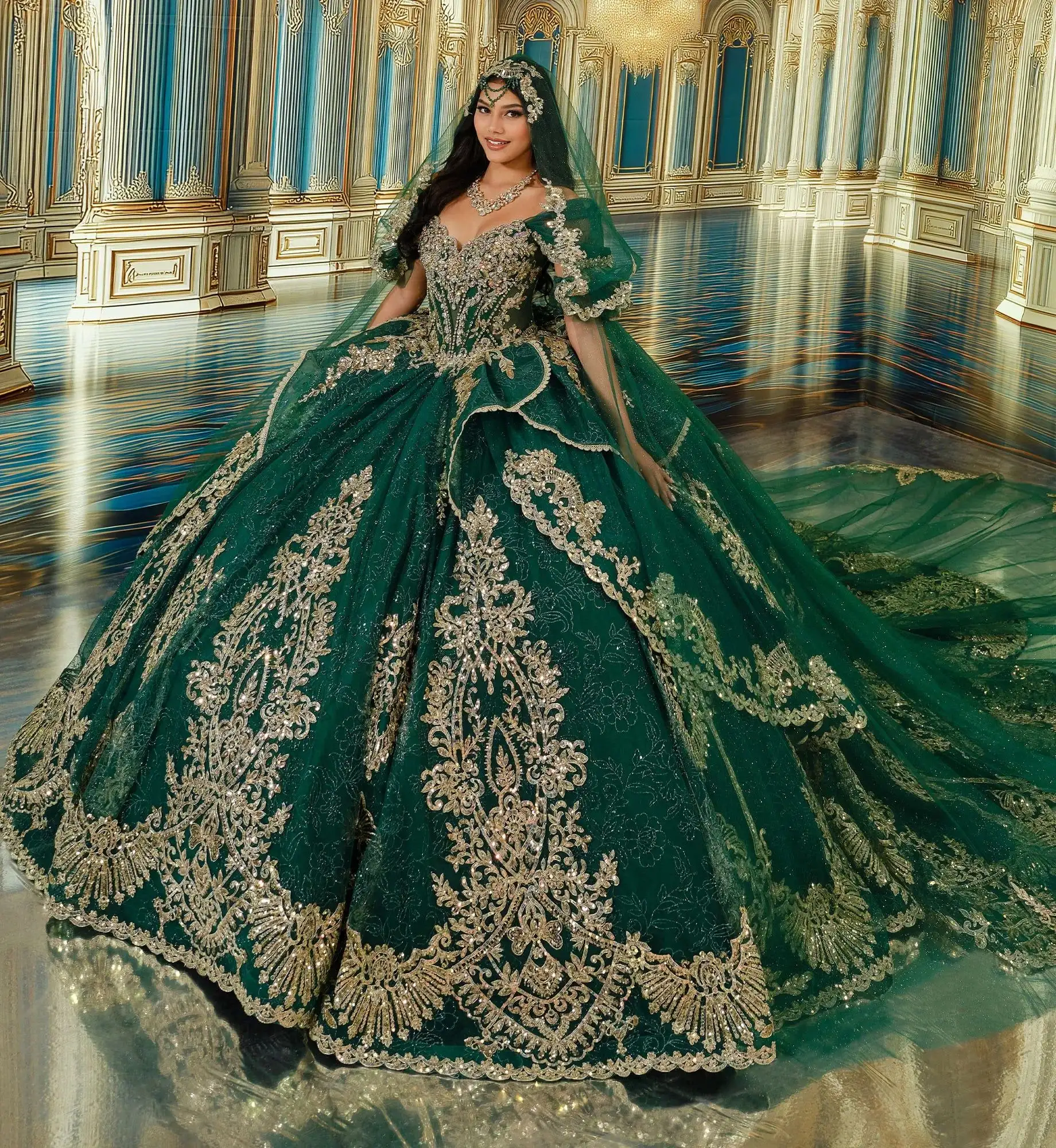 Vestido de gala verde esmeralda con aplicaciones de encaje dorado y mangas abullonadas, Princesa by Ariana Vara