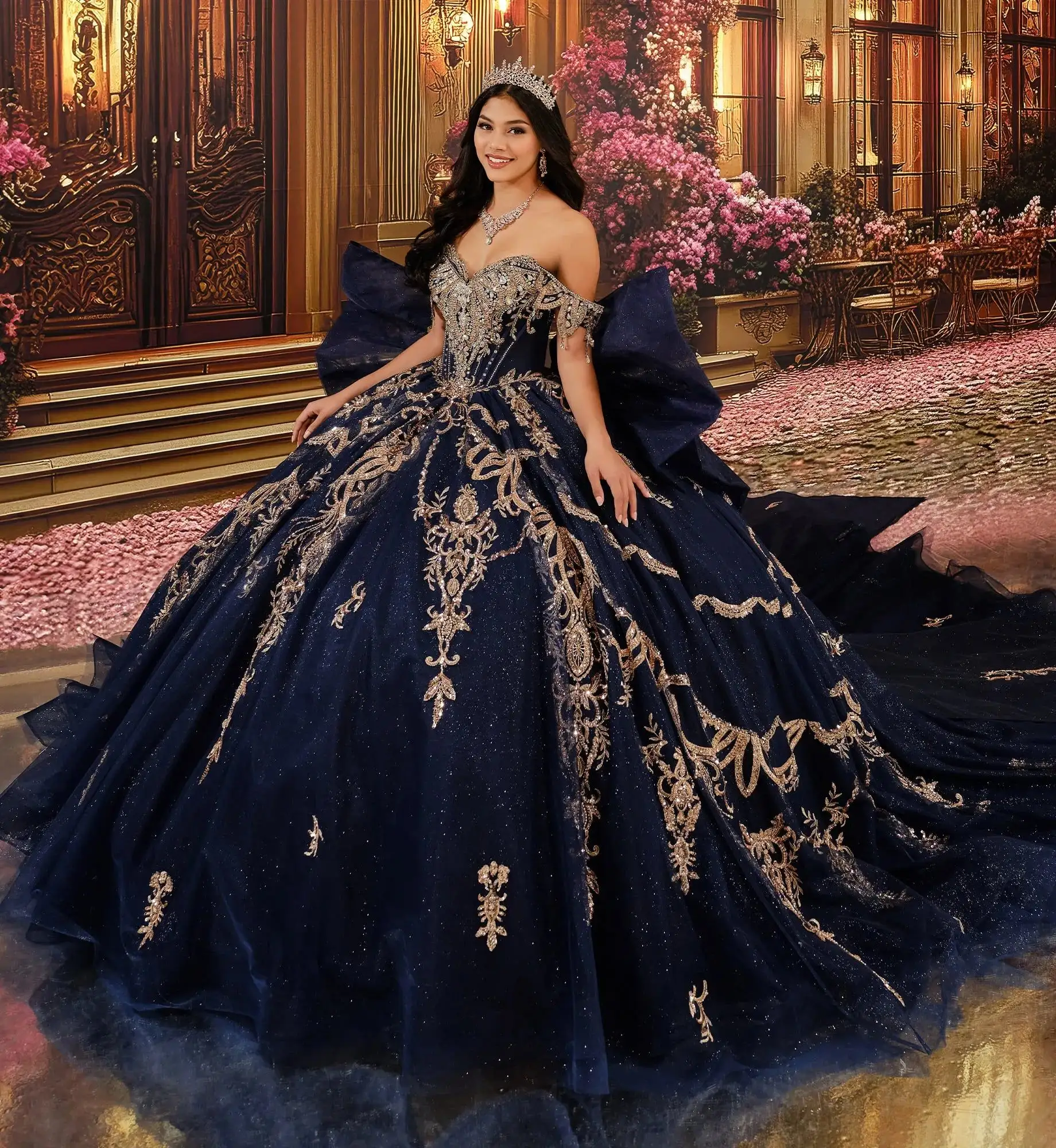 Vestido de gala azul marino con encaje de pedrería rosa dorado y moño grande, Princesa by Ariana Vara