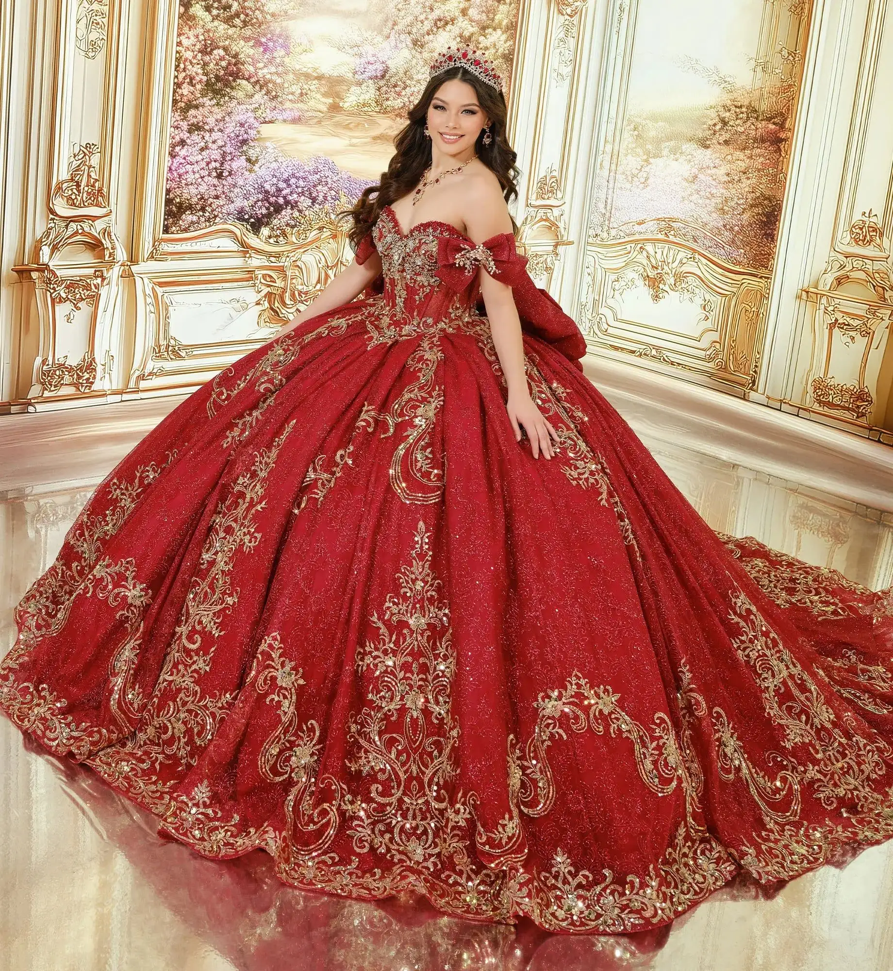 Vestido de gala rojo vino con aplicaciones de encaje dorado y moño fuera de hombro, Princesa by Ariana Vara